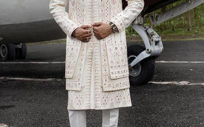 Elegant White Wedding Sherwani: Embroidered Groom Outfit