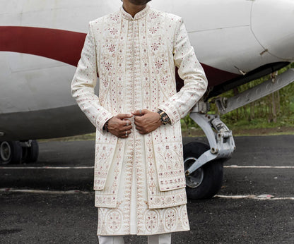 Elegant White Wedding Sherwani: Embroidered Groom Outfit