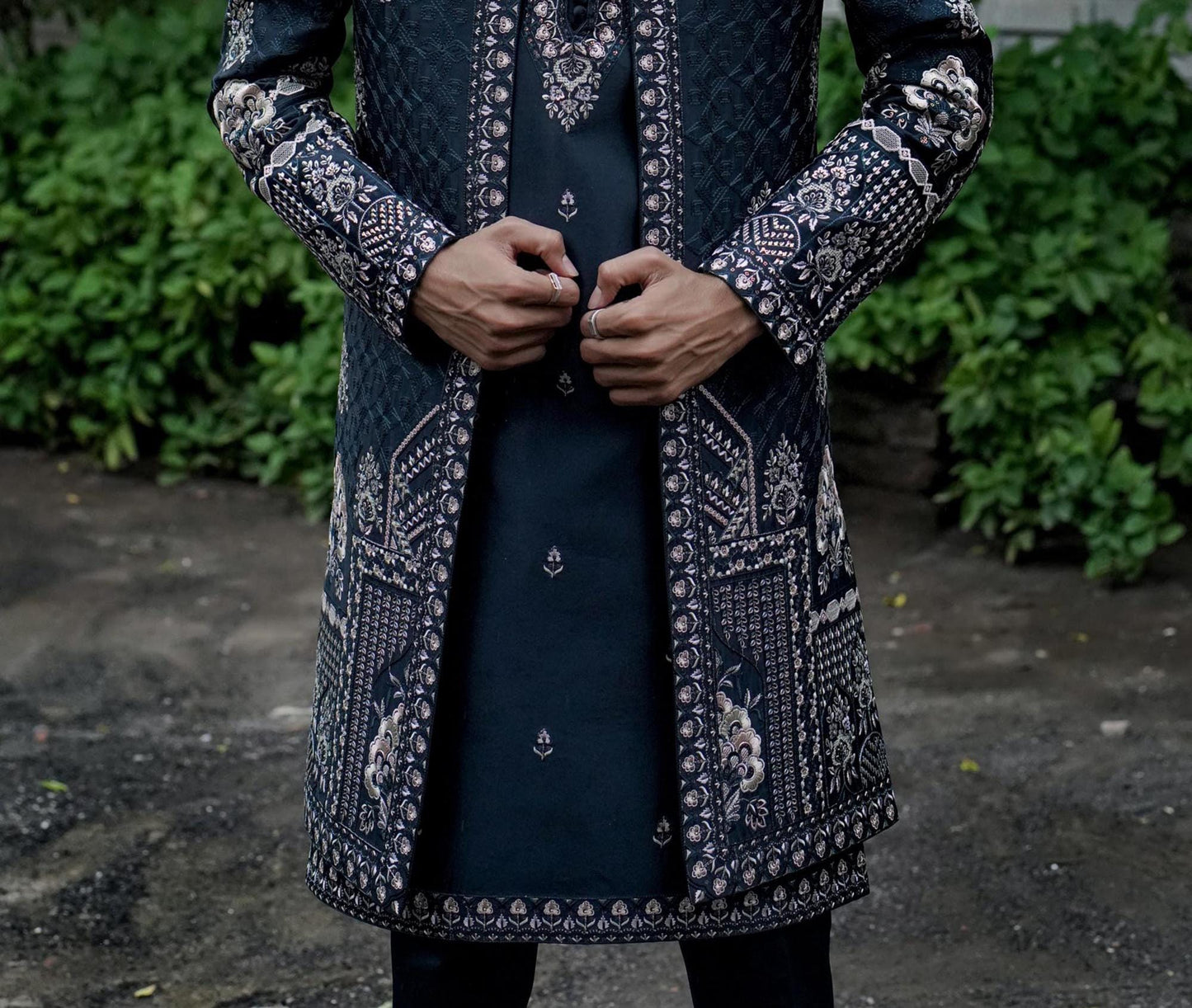 Teal Blue Indo Western Sherwani for Men: Groom Outfit
