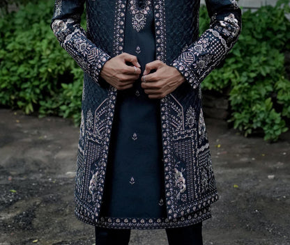 Teal Blue Indo Western Sherwani for Men: Groom Outfit