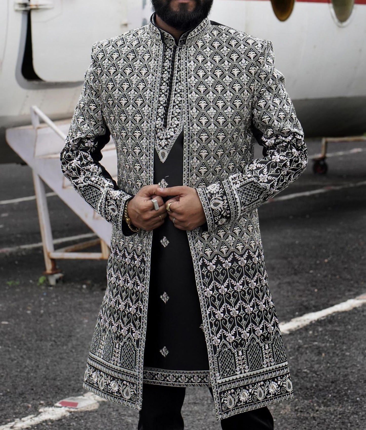Elegant Black Indo Western Sherwani, Groom Outfit, Engagement Dress