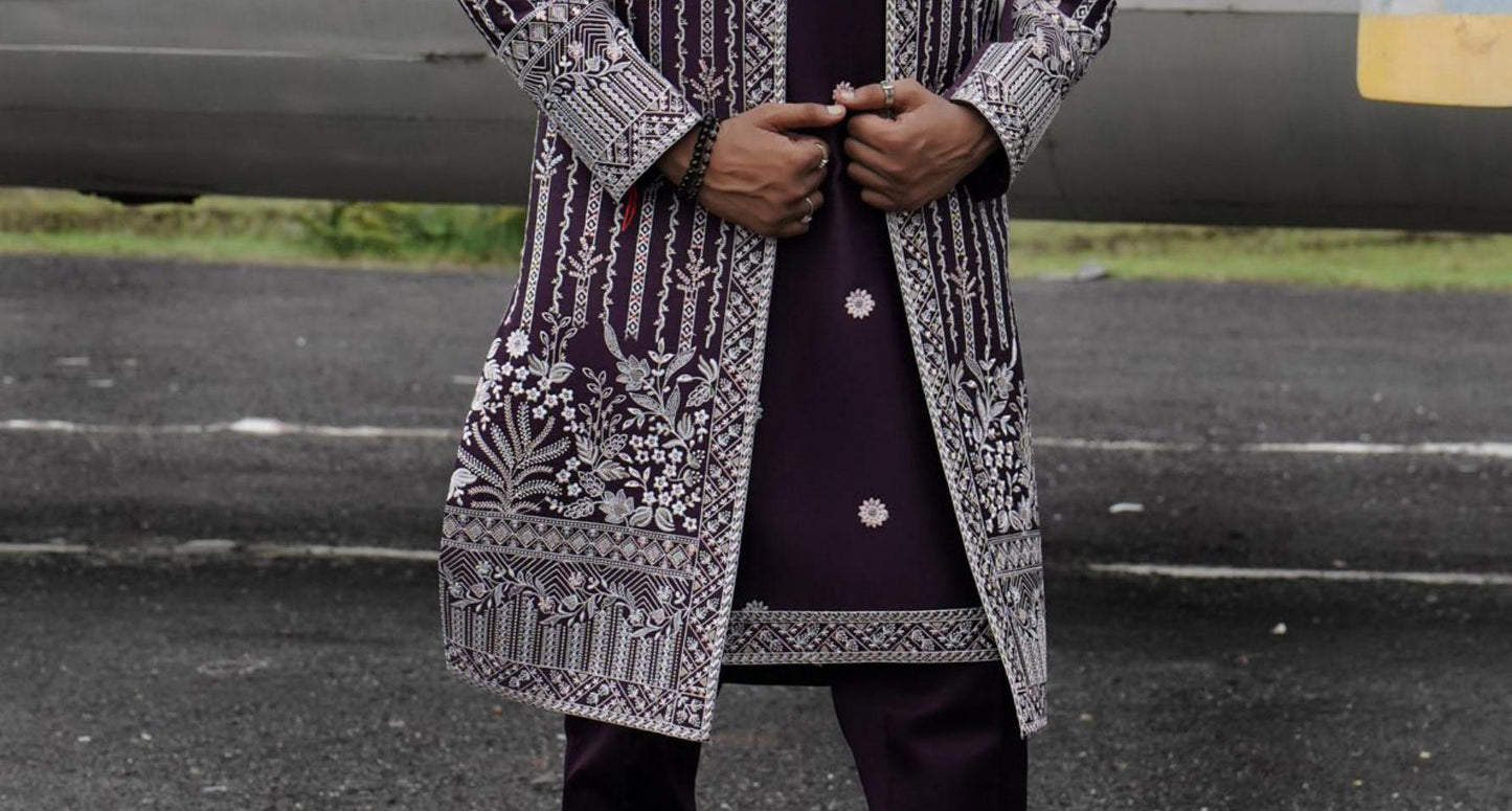 Purple Indo Western Sherwani for Men, Indian Groom Outfit
