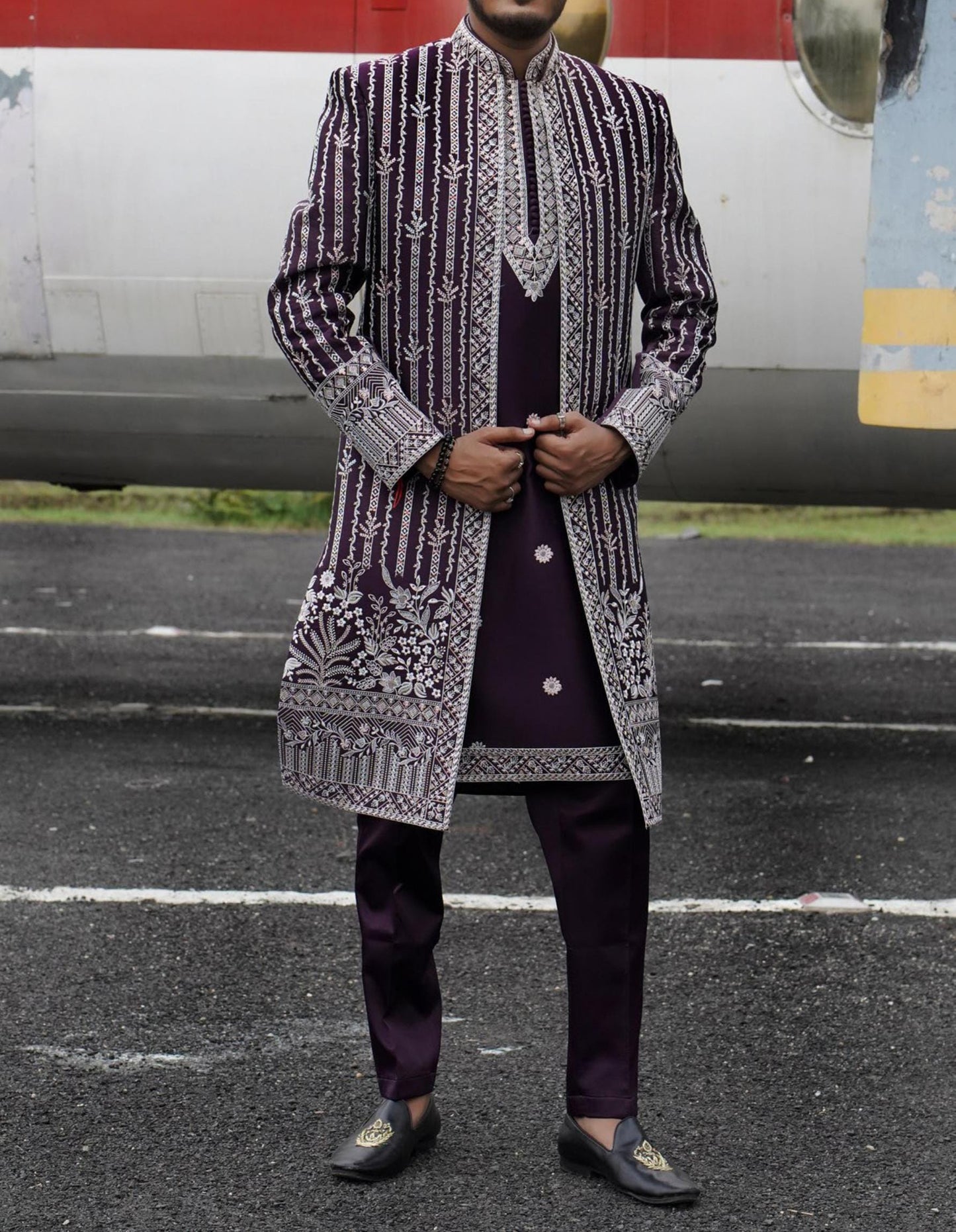 Purple Indo Western Sherwani for Men, Indian Groom Outfit