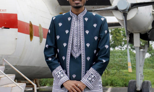 Peacock Blue Indian Groom Sherwani, Embroidered Indo Western Outfit