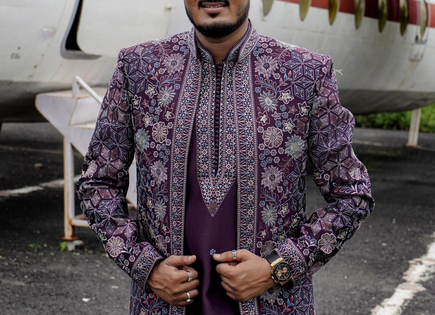 Deep Plum Shrug Sherwani for Men, Thread & Zardozi Embroidered Open Indo Western Groom Outfit