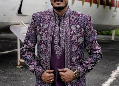 Deep Plum Shrug Sherwani for Men, Thread & Zardozi Embroidered Open Indo Western Groom Outfit