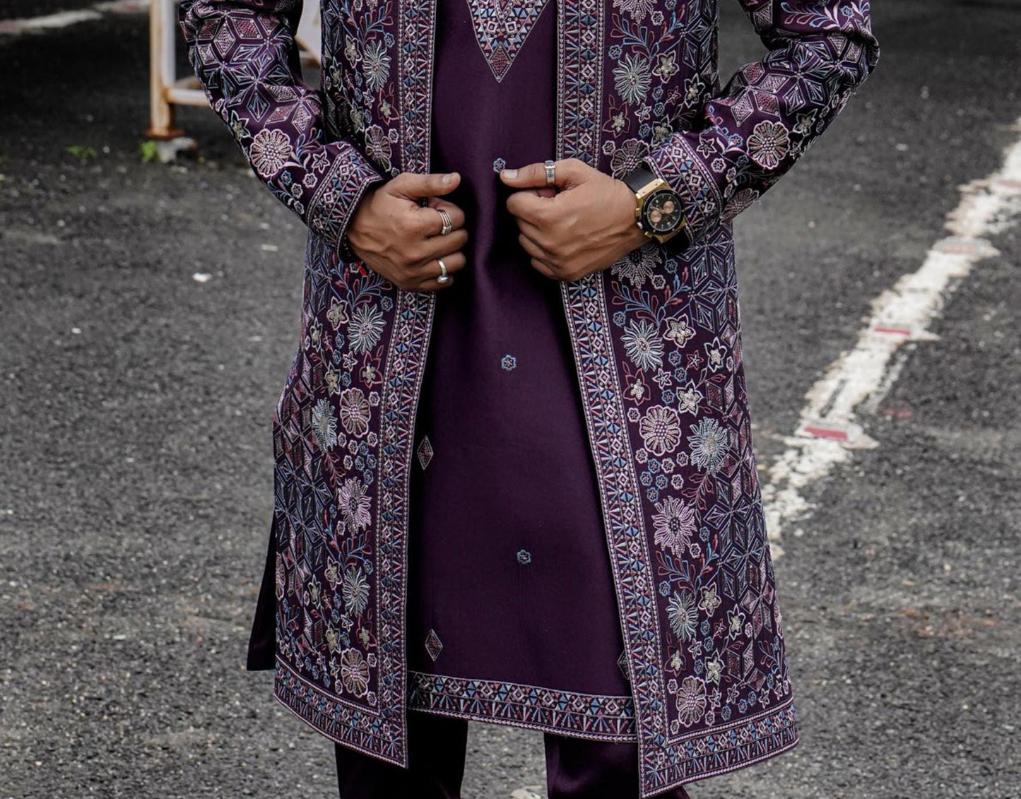 Deep Plum Shrug Sherwani for Men, Thread & Zardozi Embroidered Open Indo Western Groom Outfit