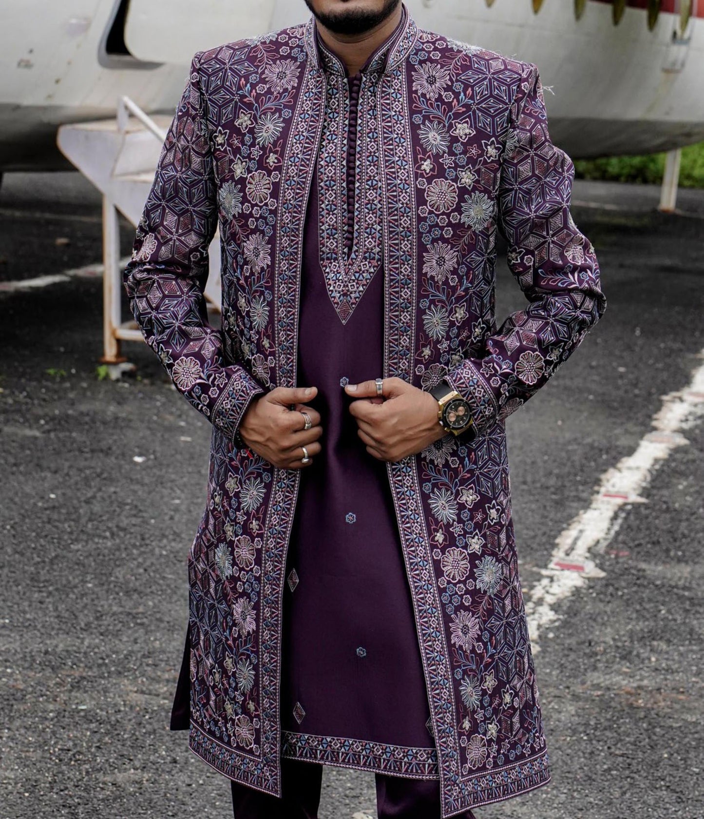 Deep Plum Shrug Sherwani for Men, Thread & Zardozi Embroidered Open Indo Western Groom Outfit