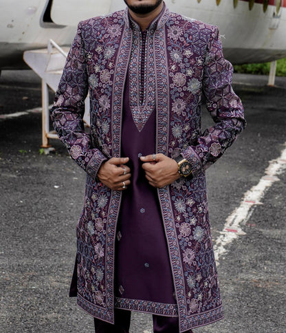 Deep Plum Shrug Sherwani for Men, Thread & Zardozi Embroidered Open Indo Western Groom Outfit