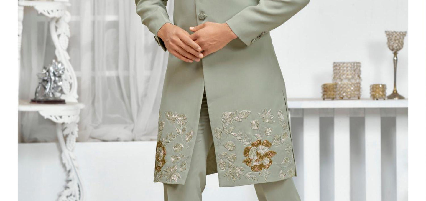 Sage Green Sherwani Set, Golden Zardozi Embroidery Groom Outfit,