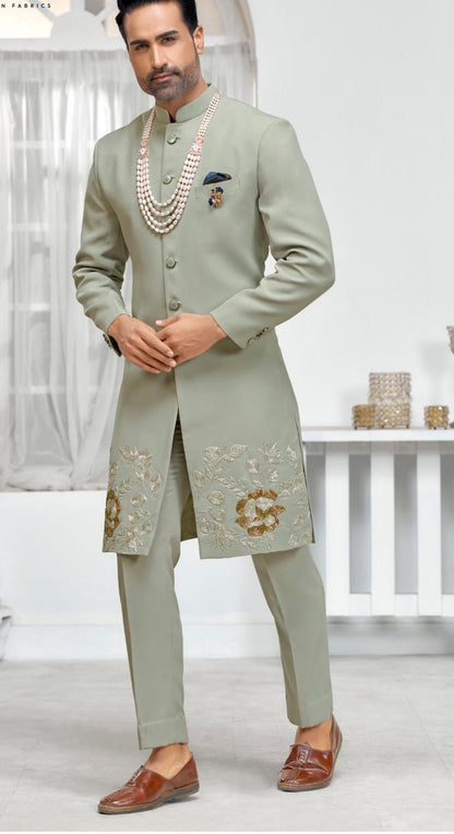 Sage Green Sherwani Set, Golden Zardozi Embroidery Groom Outfit,