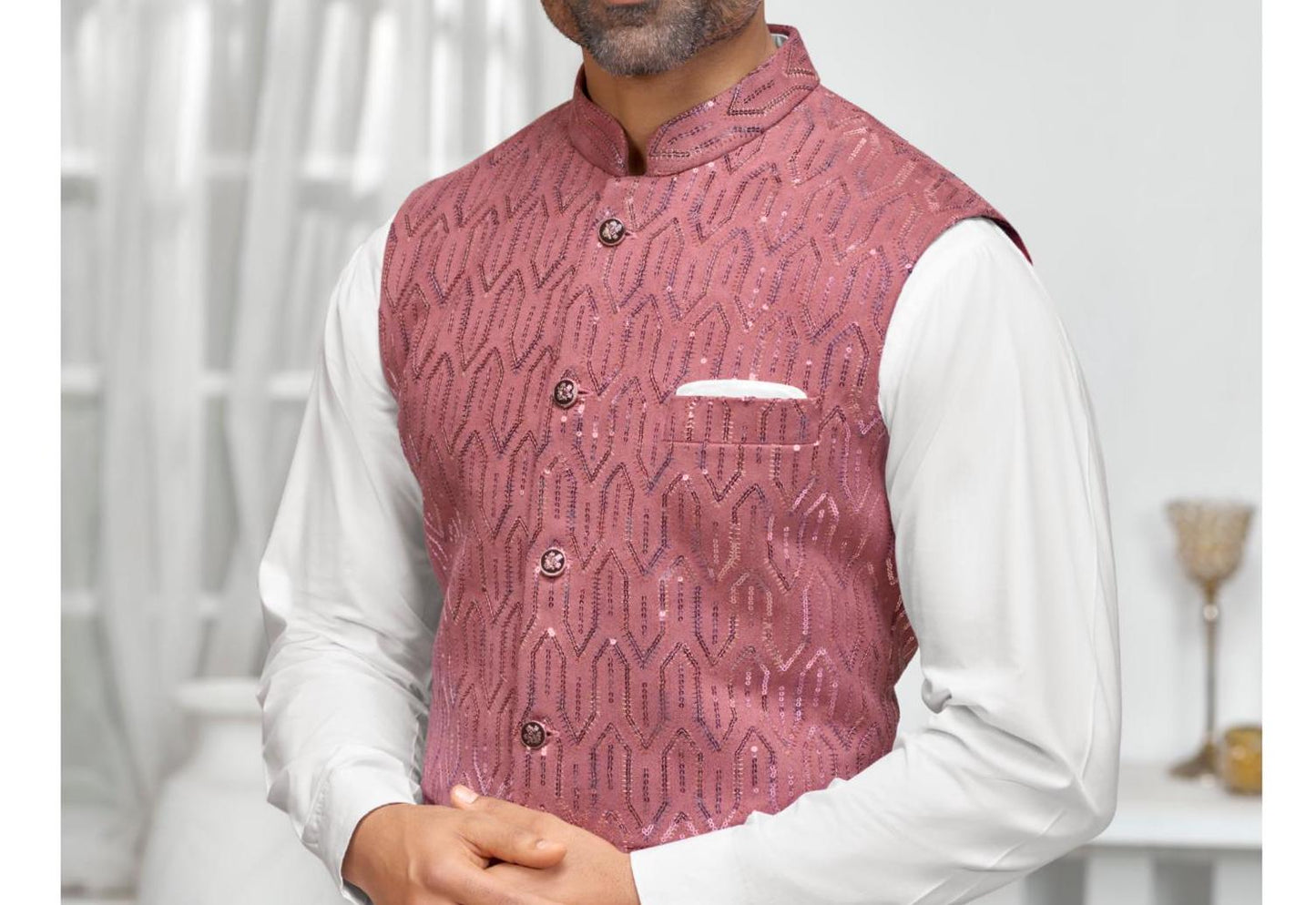 Indian Nehru Jacket: Men's Wedding Groom dusty Rose Jacket