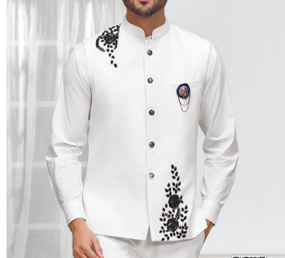 Handcrafted White Nehru Jacket: Groom Wedding Modi Jacket