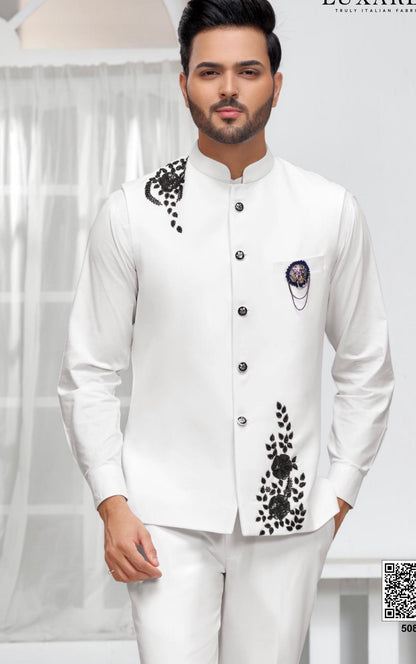 Handcrafted White Nehru Jacket: Groom Wedding Modi Jacket