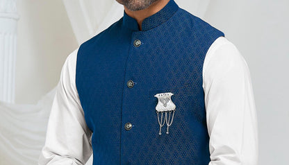 Blue Nehru Jacket for Men: Formal Wedding Groom Attire