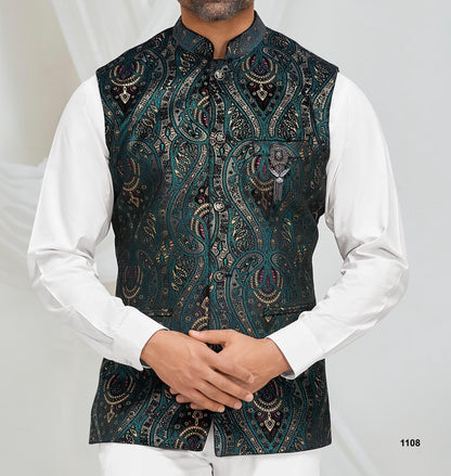 Green Printed Nehru Jacket, Men's Indian Wedding Waistcoat