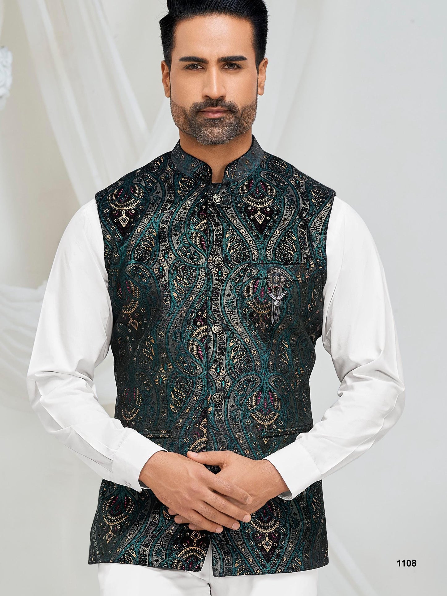 Green Printed Nehru Jacket, Men's Indian Wedding Waistcoat