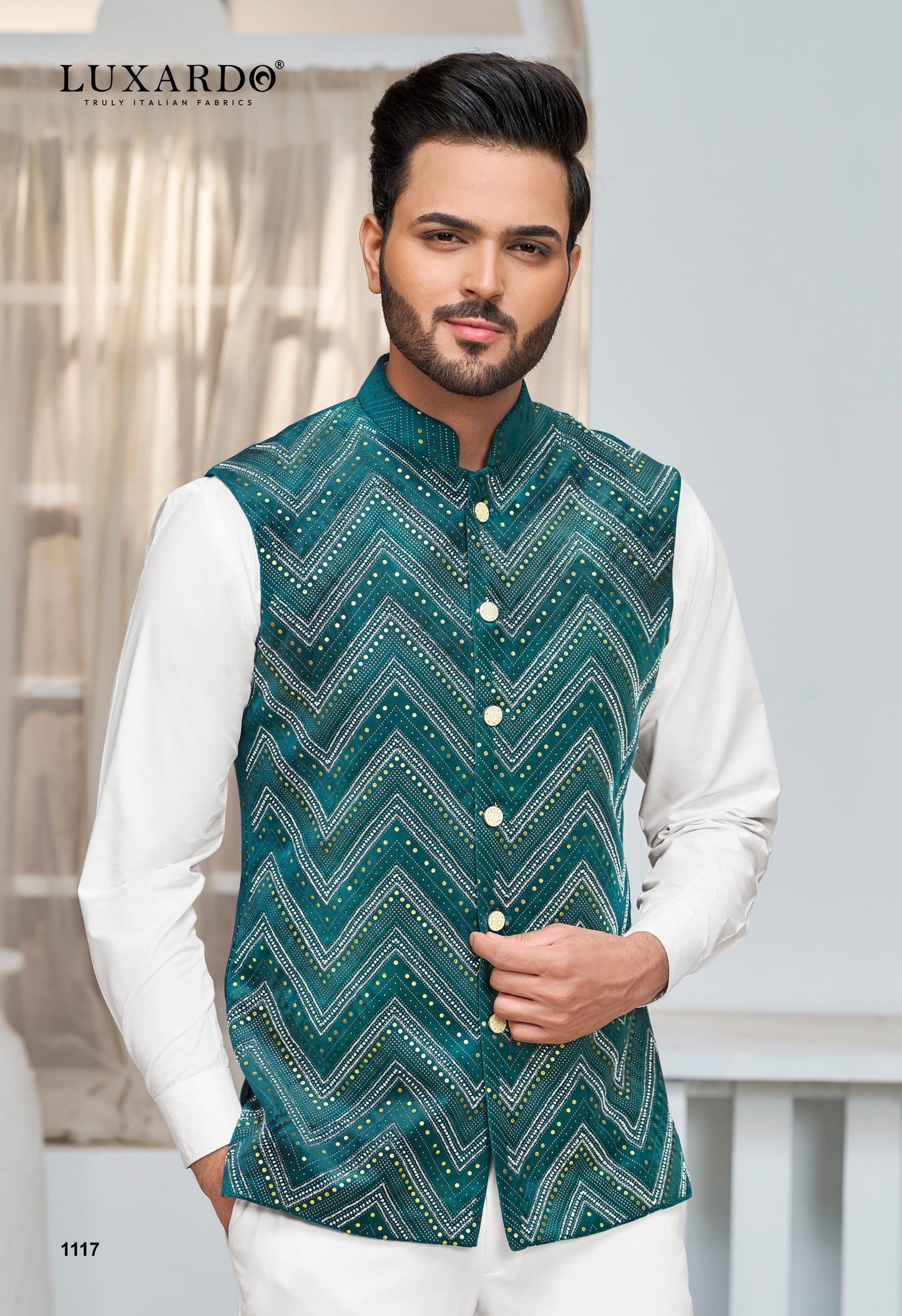 Green Print Nehru Jacket: Men's Modi Waistcoat, Groom Wedding Attire