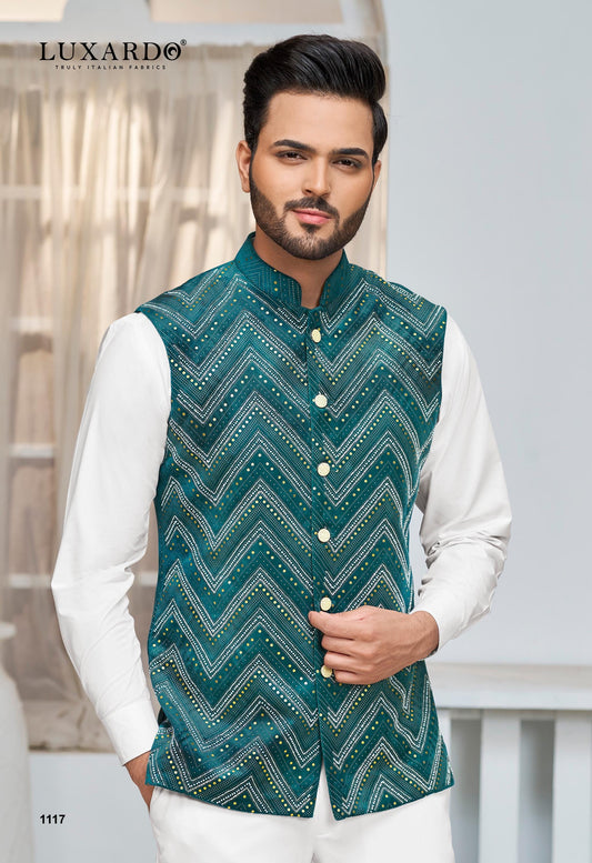Green Print Nehru Jacket: Men's Modi Waistcoat, Groom Wedding Attire