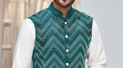 Green Print Nehru Jacket: Men's Modi Waistcoat, Groom Wedding Attire