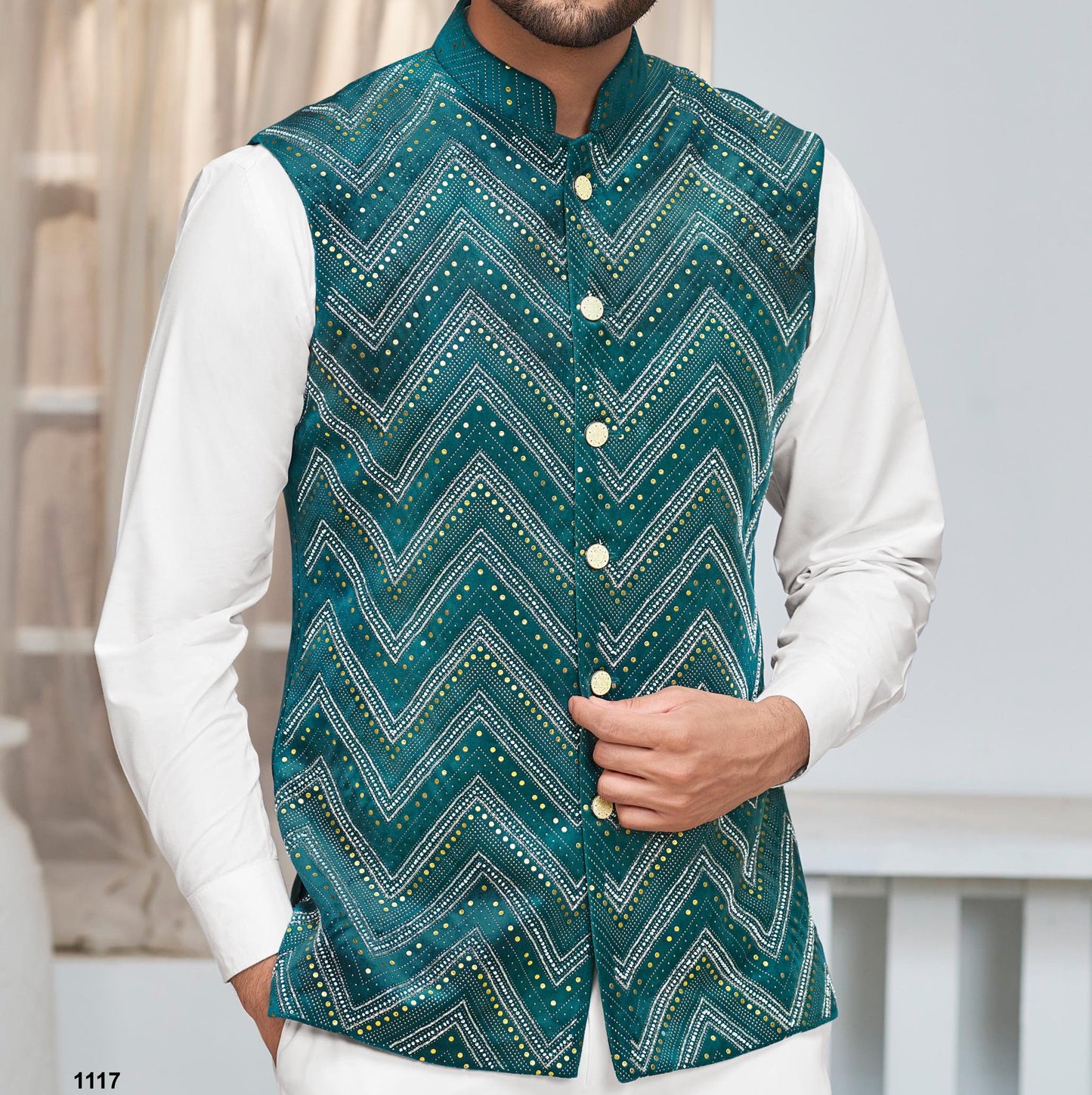 Green Print Nehru Jacket: Men's Modi Waistcoat, Groom Wedding Attire