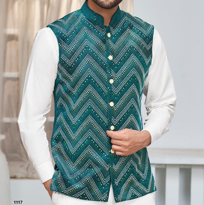 Green Print Nehru Jacket: Men's Modi Waistcoat, Groom Wedding Attire