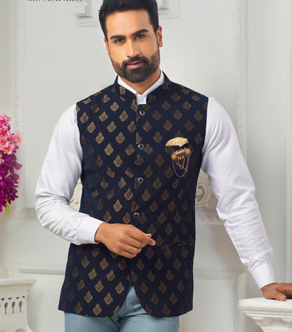 Blue Printed Nehru Jacket: Men's Modi Wedding Groom Jacket