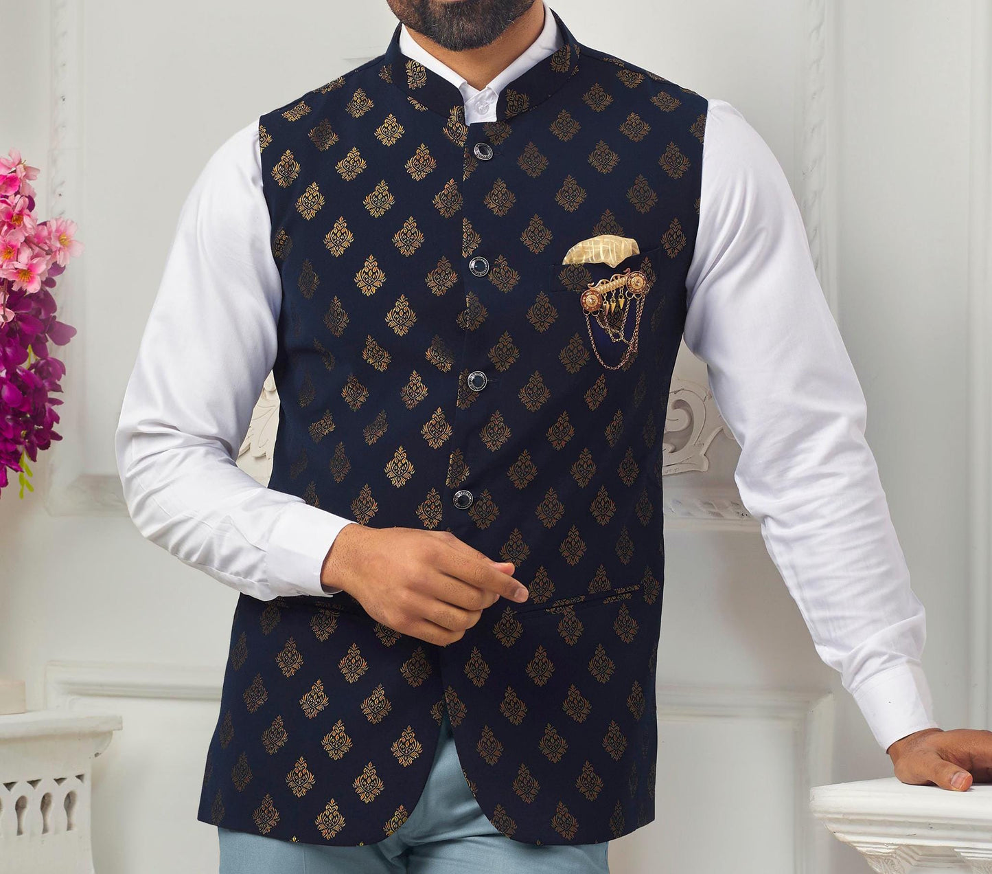Blue Printed Nehru Jacket: Men's Modi Wedding Groom Jacket