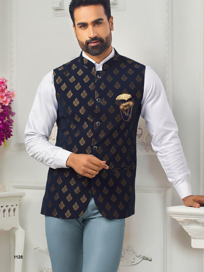 Blue Printed Nehru Jacket: Men's Modi Wedding Groom Jacket