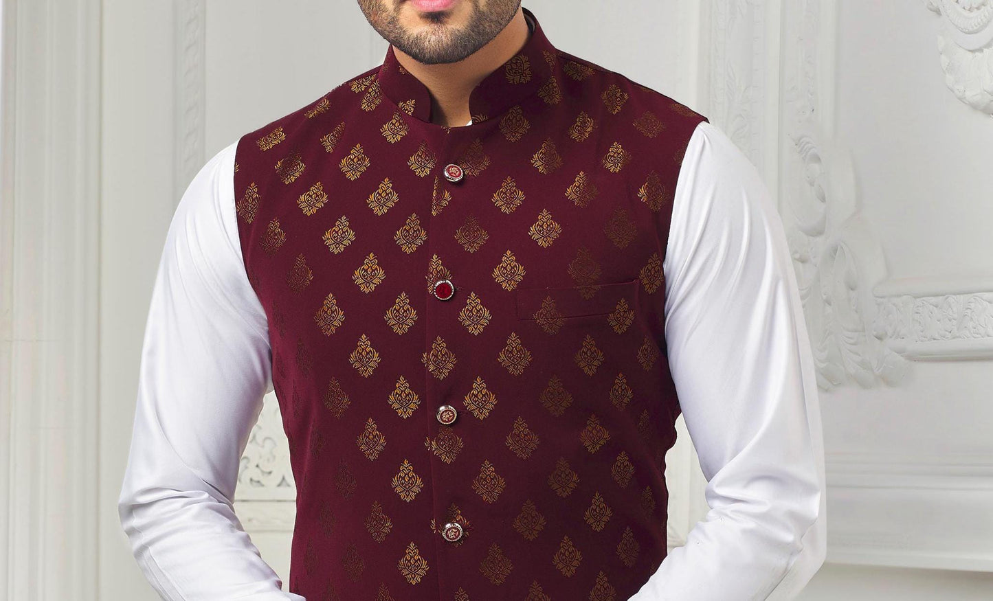Maroon Printed Nehru Jacket: Men's Modi Waistcoat for Wedding