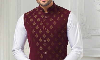 Maroon Printed Nehru Jacket: Men's Modi Waistcoat for Wedding