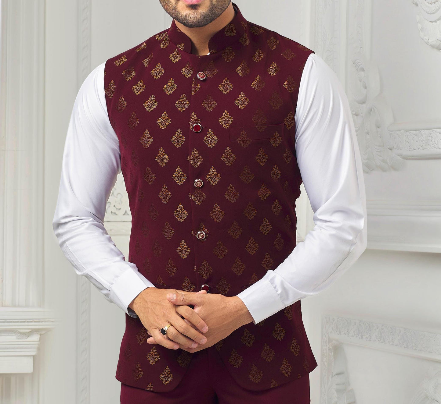 Maroon Printed Nehru Jacket: Men's Modi Waistcoat for Wedding
