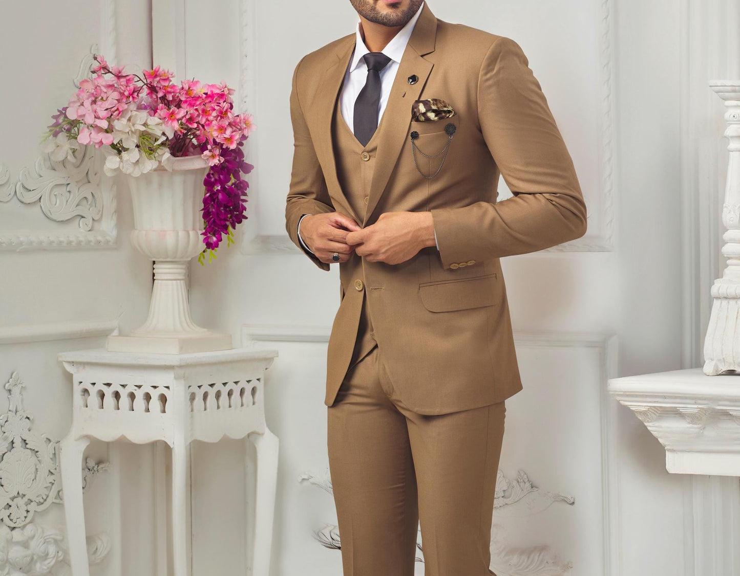 Beige Three Piece Suit, Men's Wedding Groom Suit