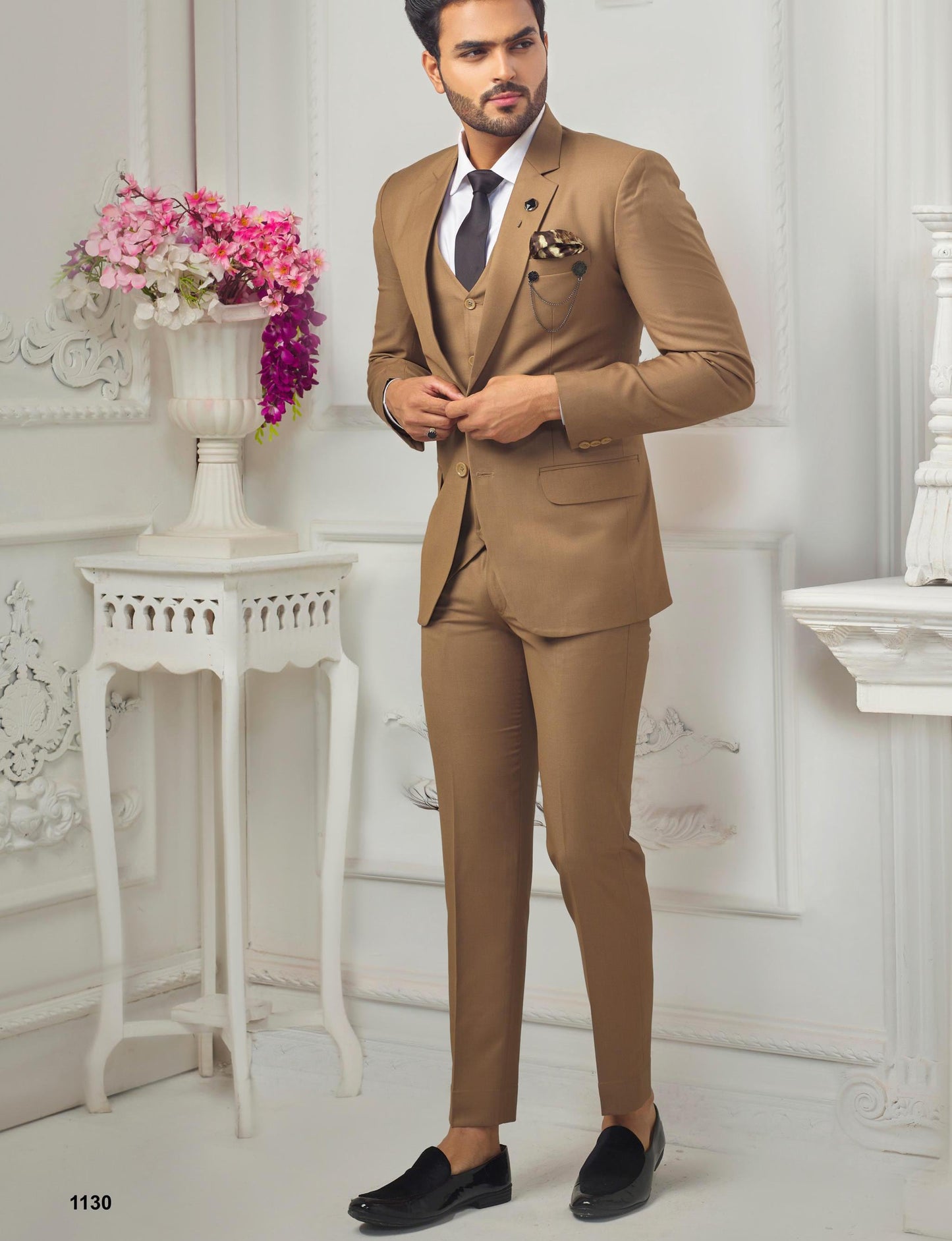 Beige Three Piece Suit, Men's Wedding Groom Suit