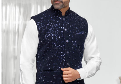 Handcrafted Navy Blue Nehru Jacket: Men's Modi Vest