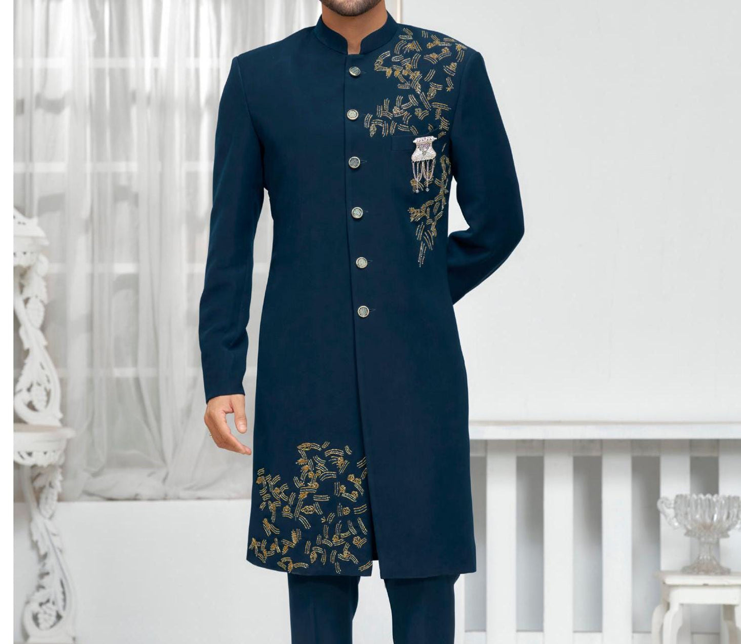 Blue Sherwani for Groom: Bollywood Bandhgala Suit