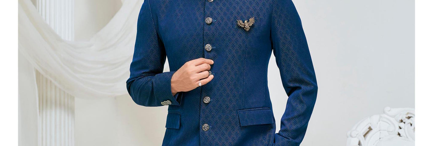 Navy Blue Bandhgala Suit for Men, Wedding Jodhpuri Groom Jacket with White Trousers