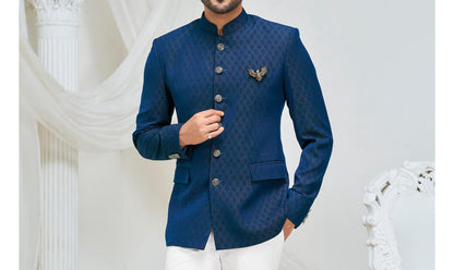 Navy Blue Bandhgala Suit for Men, Wedding Jodhpuri Groom Jacket with White Trousers