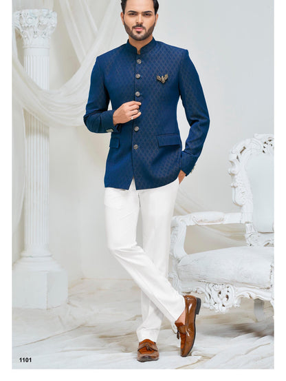 Navy Blue Bandhgala Suit for Men, Wedding Jodhpuri Groom Jacket with White Trousers