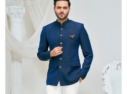 Navy Blue Bandhgala Suit for Men, Wedding Jodhpuri Groom Jacket with White Trousers