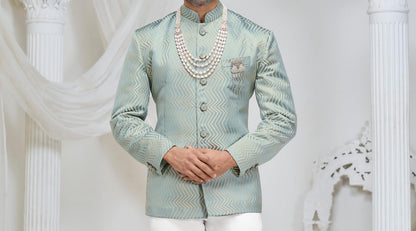 Seafoam Green Jodhpuri Suit, Wedding Bandhgala Jacket with White Trousers