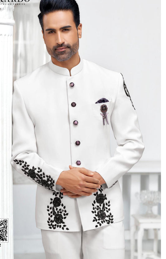 White Handwork Jodhpuri Suit, Indian Groom Wedding Outfit