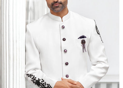 White Handwork Jodhpuri Suit, Indian Groom Wedding Outfit