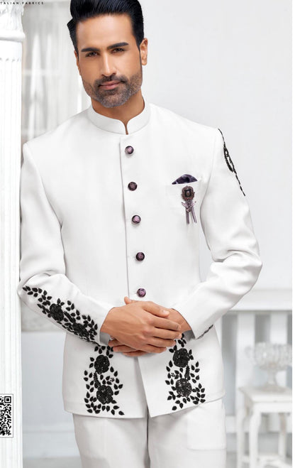 White Handwork Jodhpuri Suit, Indian Groom Wedding Outfit
