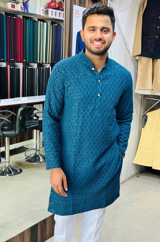 Peacock Blue Embroidered Cotton Kurta Pajama Set: Customizable Indian Menswear