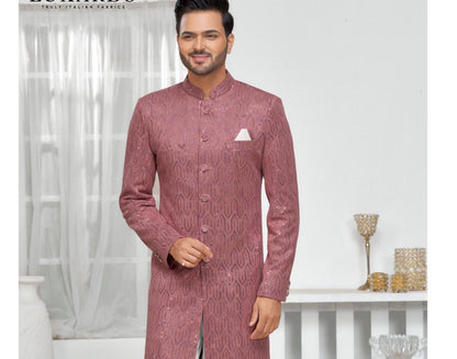 Thread Embroidered Sherwani: Dusty Rose Indo Western Groom Outfit