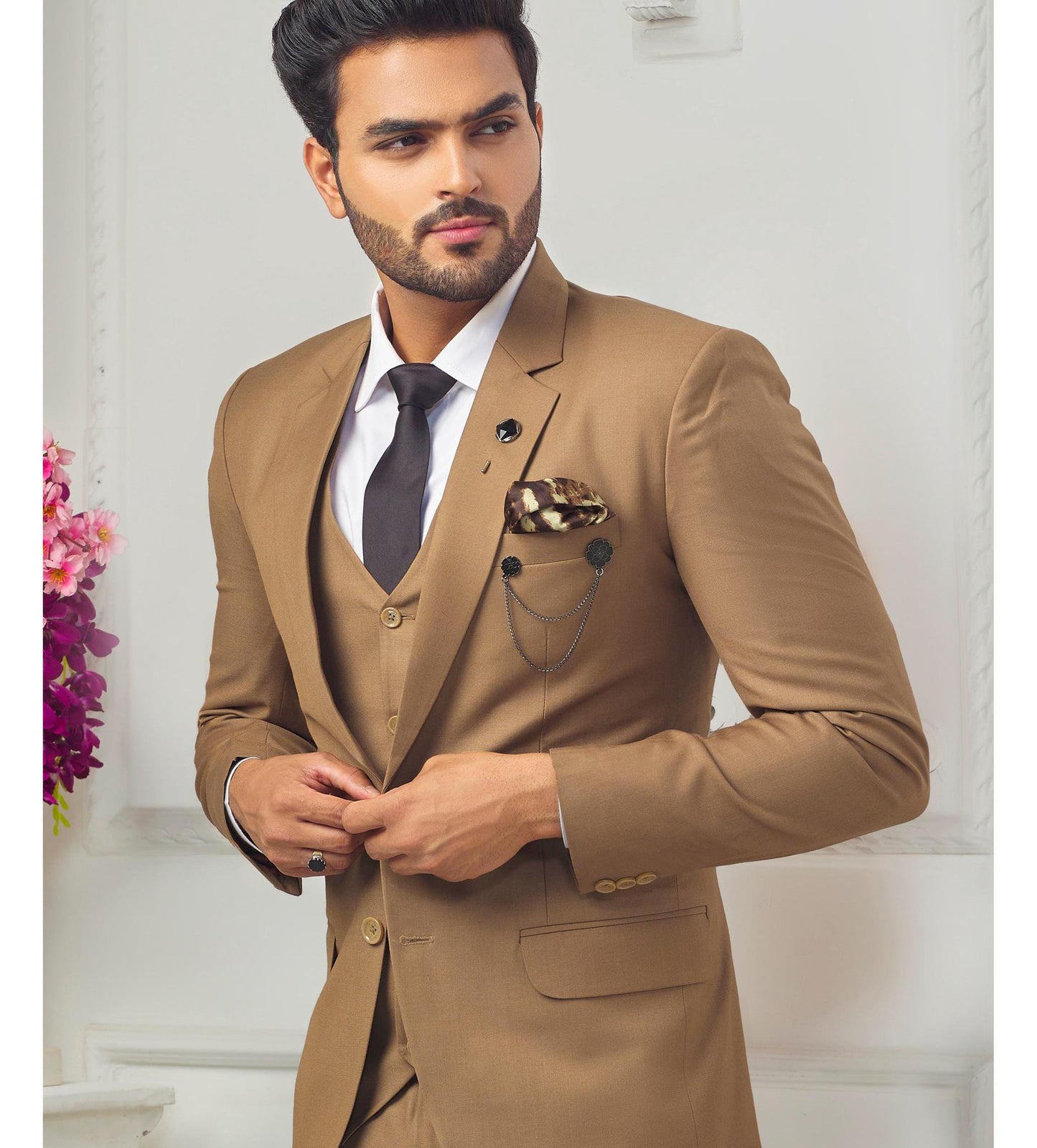 Beige Three Piece Suit, Men's Wedding Groom Suit