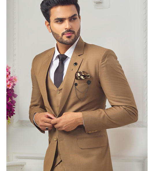 Beige Three Piece Suit, Men's Wedding Groom Suit