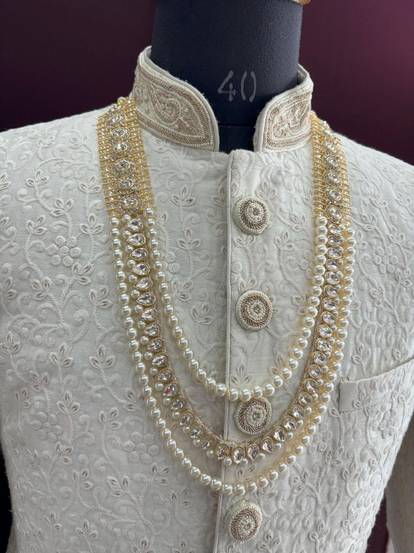 Groom Sherwani Necklace: Pearl & Stone Wedding Kantha
