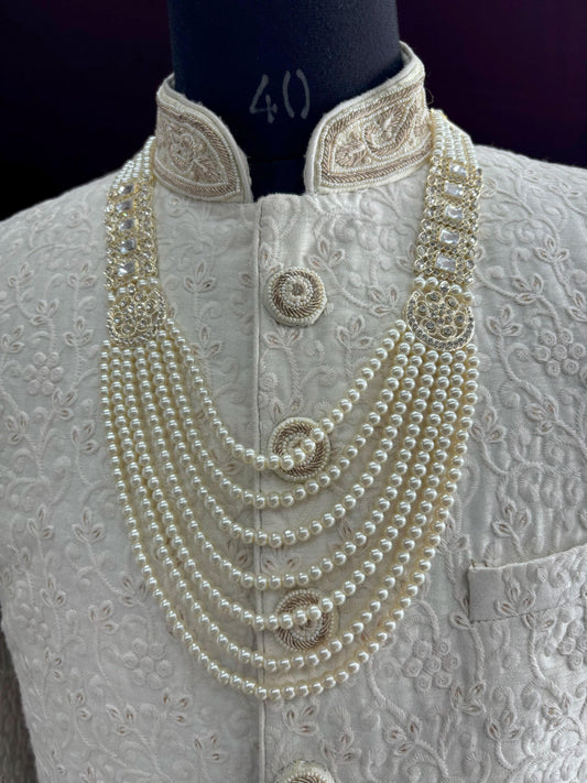 Kundan Groom Necklace, Pearl & Stone Sherwani Mala